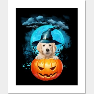 Goldden Retriever Witch Hat Pumpkin And Blue Moon Halloween Posters and Art